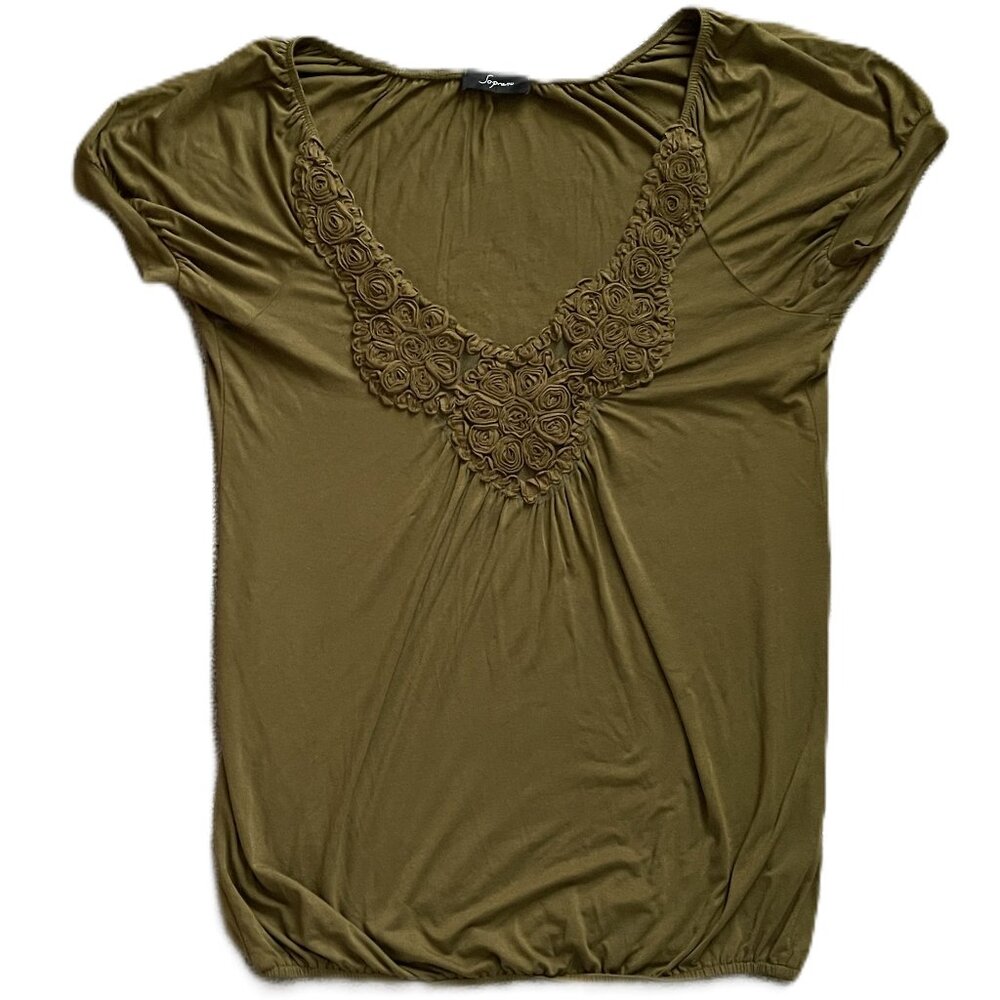 SOPRANO WOMEN TOP Med GREEN Fabric Rosetted Neckline VINTAGE Made in USA 1182 AT